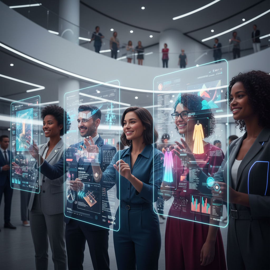A diverse group of smiling people interacting with sleek, holographic interfaces, showcasing personalized digital experiences, bright and futuristic, photorealistic.