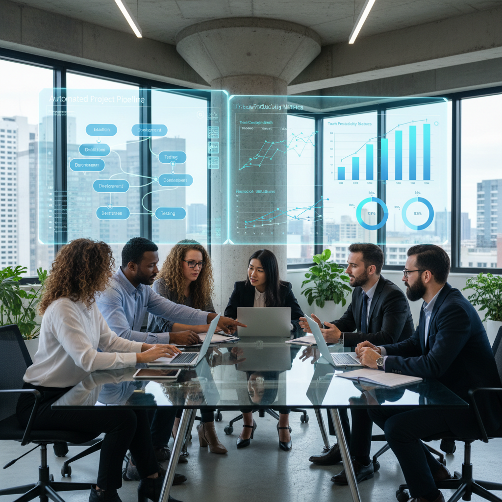 A diverse team of professionals working collaboratively in a modern office, with digital dashboards displaying automated workflows and productivity metrics in the background, realistic photo