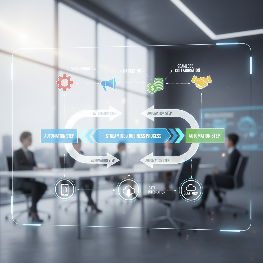 A vibrant, detailed flowchart illustrating a streamlined business process, with arrows indicating automation steps and digital icons representing various departments working together seamlessly, photorealistic, clean design