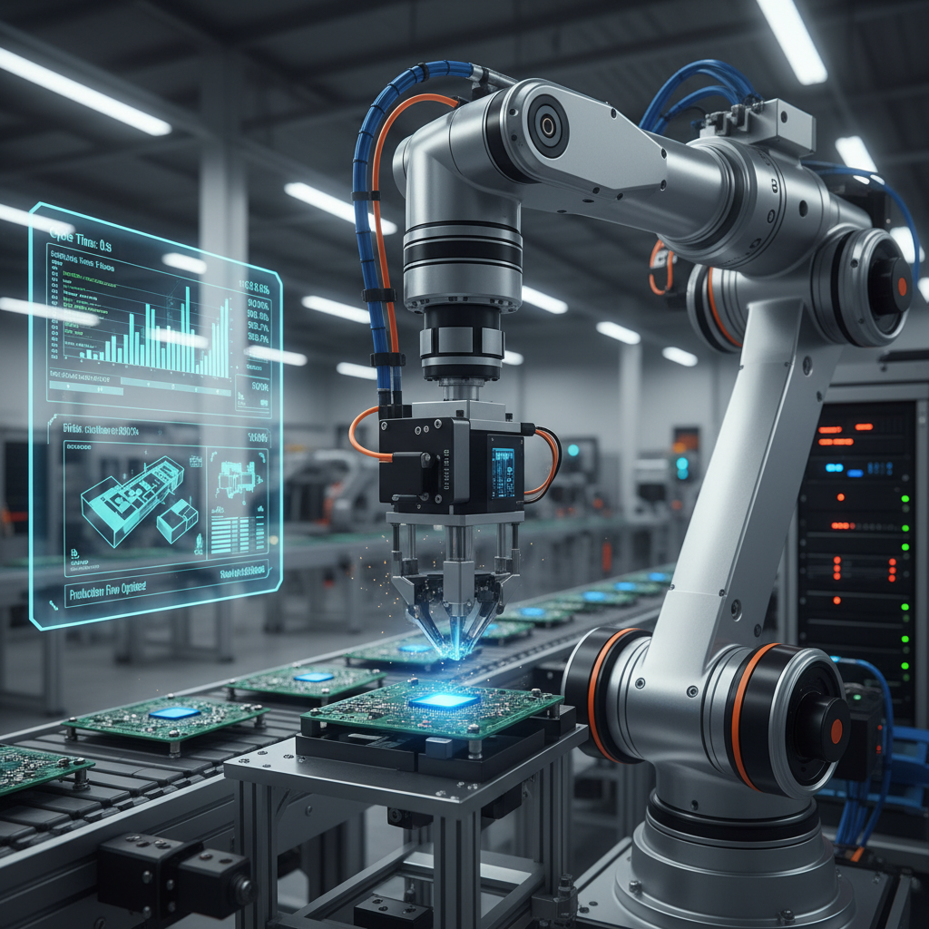 A close-up shot of a robotic arm precisely performing a repetitive assembly task on a factory floor, with digital interfaces showing real-time data and efficiency metrics, industrial, photorealistic