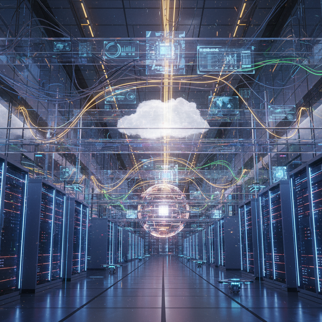 A vibrant, futuristic data center with glowing servers and interconnected network cables, representing the vastness and power of cloud infrastructure. Photorealistic, high detail.