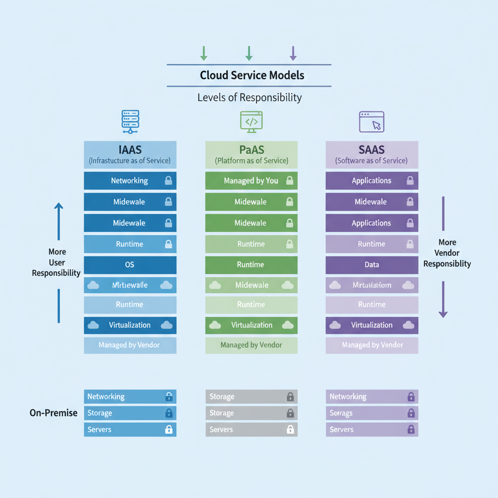 A visually engaging infographic illustrating the three cloud service models (IaaS, PaaS, SaaS) with distinct layers and icons, showing different levels of user and provider responsibility. Clean, modern design, professional.