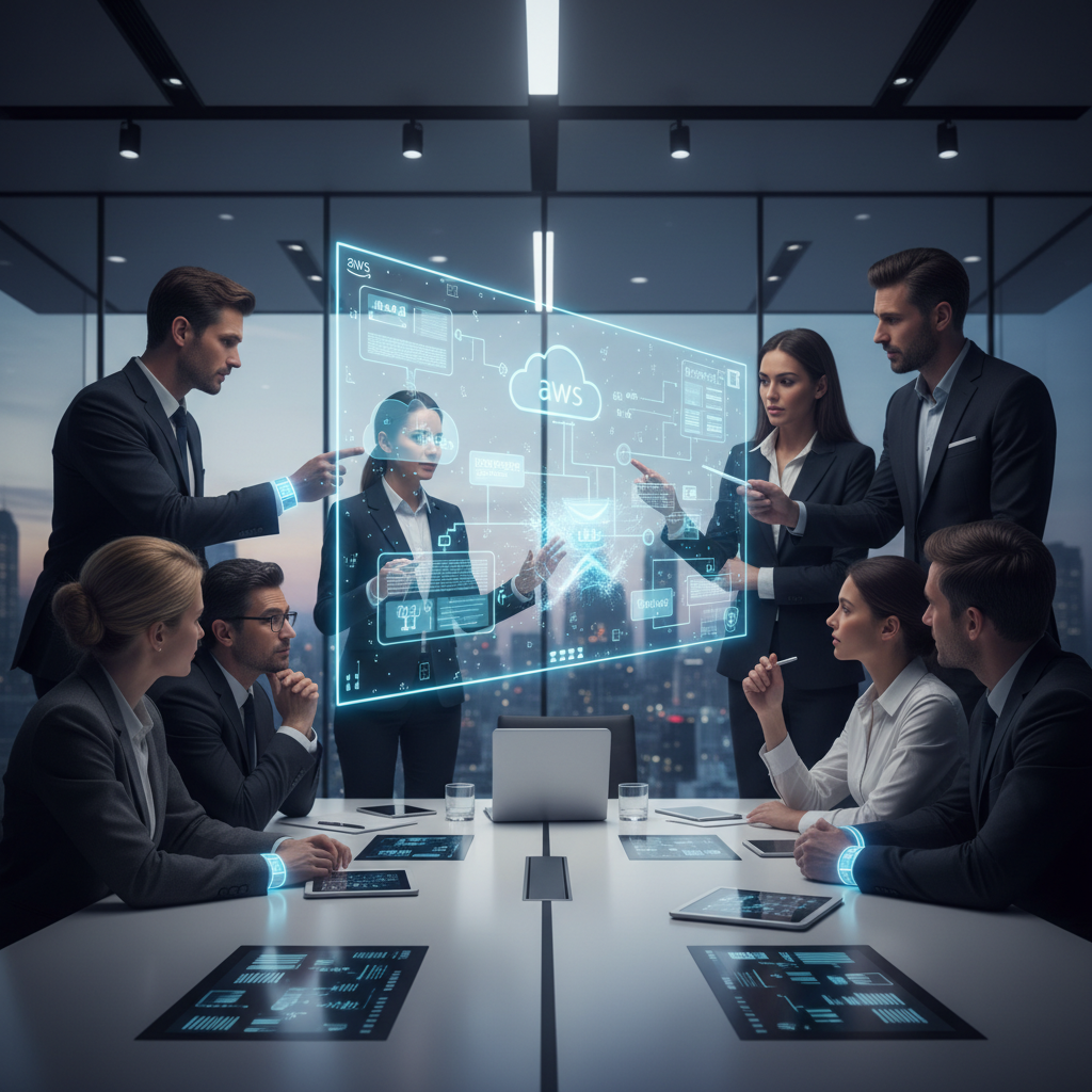 A business team collaborating around a holographic projection displaying cloud architecture diagrams, demonstrating strategic planning for cloud migration. Diverse team, professional setting, futuristic tech. Photorealistic.