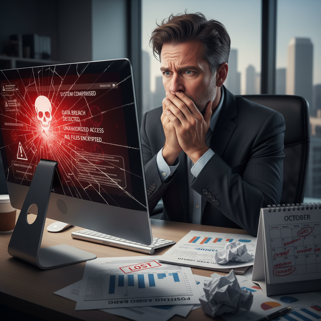 A distressed business executive looking at a broken computer screen displaying warning signs, with scattered financial documents and a calendar showing missed deadlines, emphasizing the operational and financial impact of a cyber breach, office setting, photorealistic