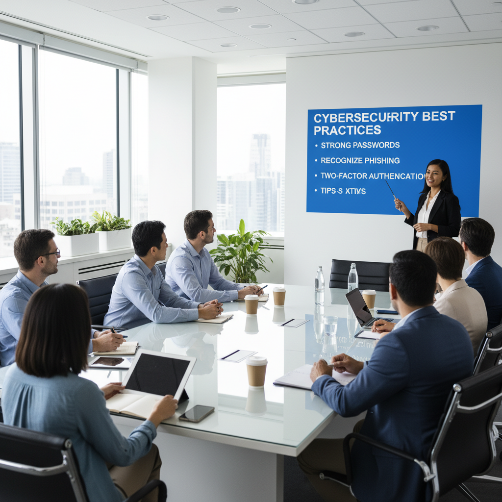 A diverse group of office workers attentively participating in a cybersecurity training session, looking at a projector screen displaying security tips, with a trainer pointing to the screen, modern office, photorealistic