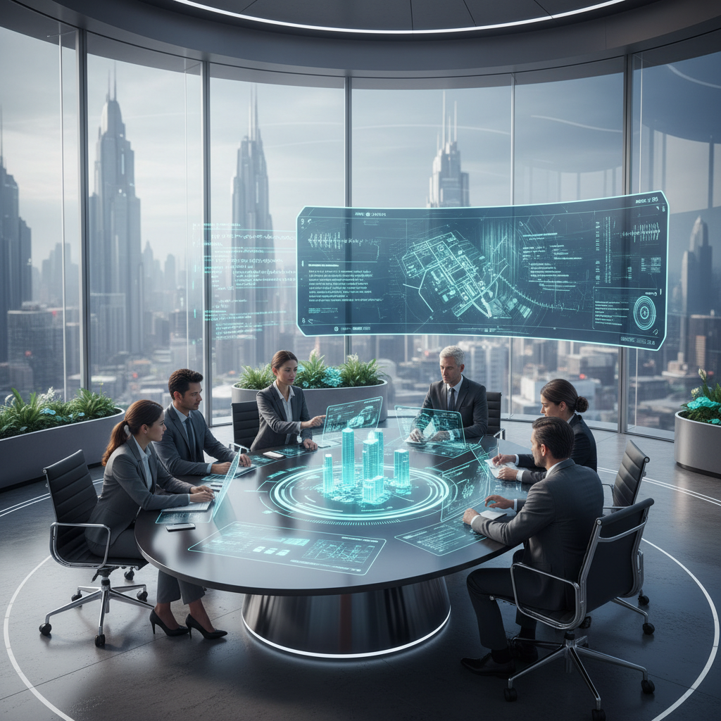 A futuristic, sleek corporate office with diverse professionals collaborating around holographic displays and touch screens, representing a seamlessly integrated digital workspace. Photorealistic.