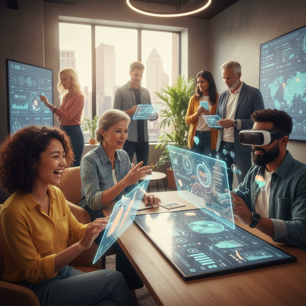 A diverse group of smiling customers interacting seamlessly with digital interfaces on various devices, showcasing an improved and personalized customer experience. Photorealistic.