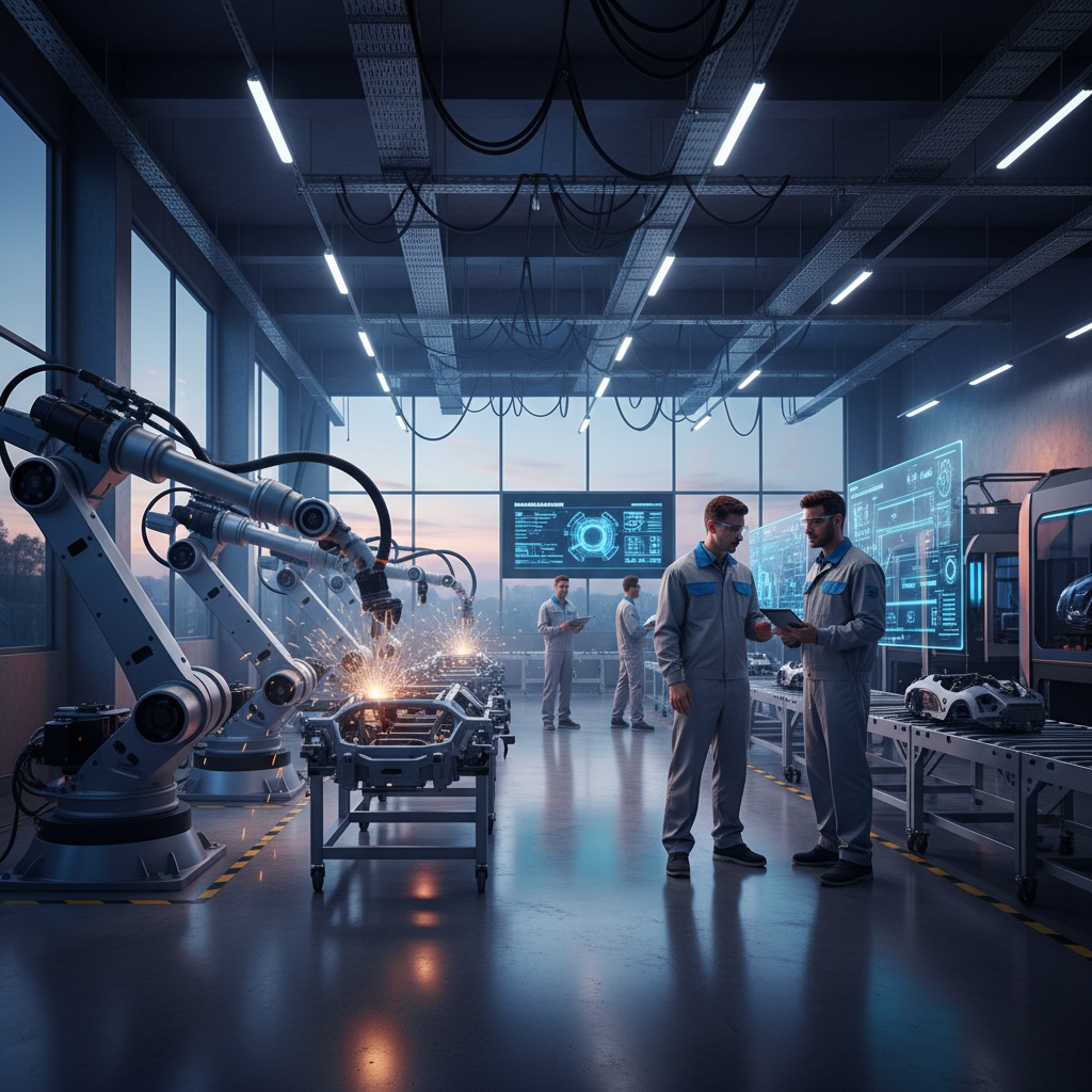 A modern, sleek factory floor with robotic arms working efficiently alongside human technicians, demonstrating the seamless integration of automation and human oversight in smart manufacturing. Photorealistic.