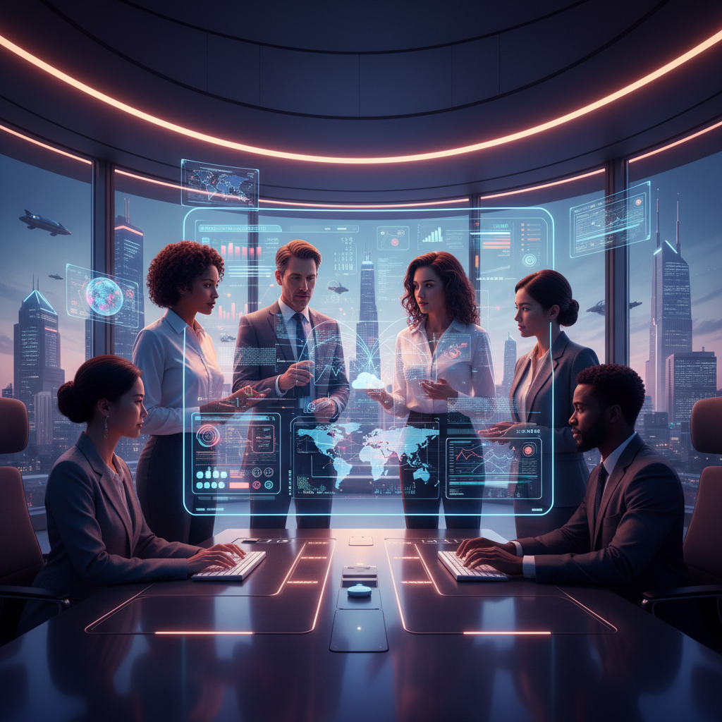 A diverse team of business professionals collaboratively working on a modern digital interface, showcasing data analytics and cloud computing, with futuristic elements, photorealistic, vibrant colors, soft lighting.