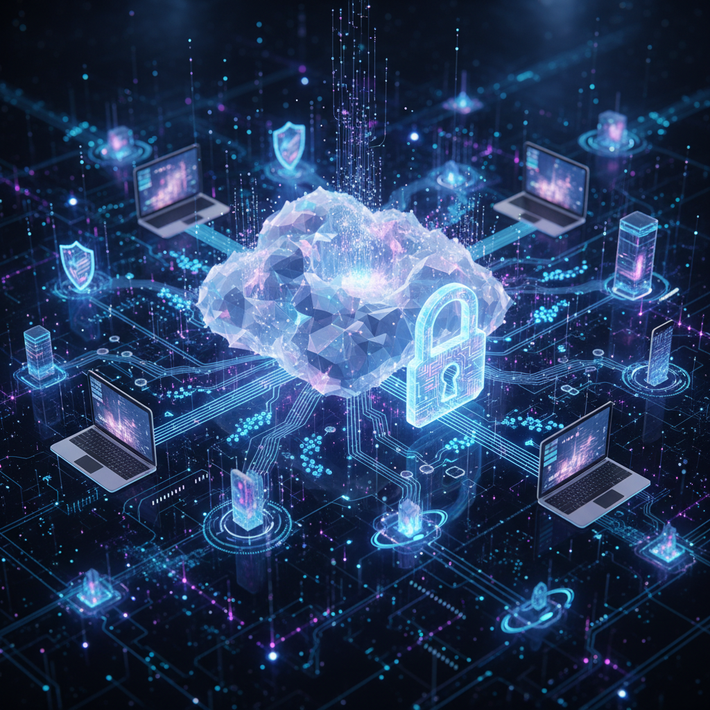 Abstract representation of interconnected digital networks and cloud computing infrastructure, with data flowing seamlessly between various devices and platforms, showcasing cybersecurity elements, photorealistic, intricate detail, blue and purple hues.