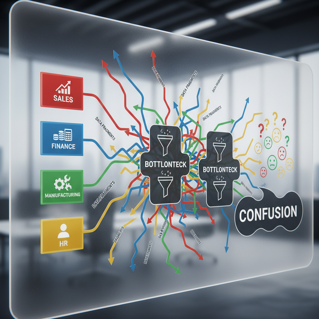 A vibrant, detailed infographic illustrating various business departments (sales, finance, manufacturing, HR) as separate colored boxes, with arrows showing fragmented data flow between them, leading to bottlenecks and confusion, photorealistic, high resolution