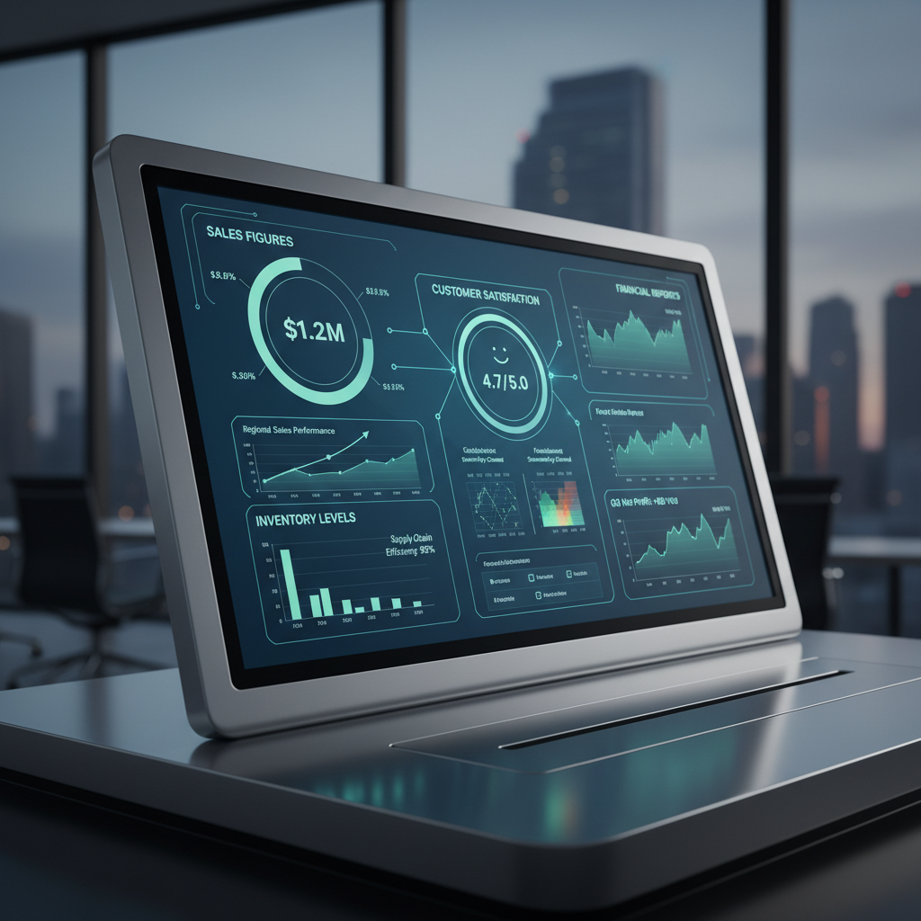 A sleek, modern dashboard displaying various business metrics like sales figures, inventory levels, customer satisfaction scores, and financial reports, all interconnected and visualized with clear graphs and charts, photorealistic, professional