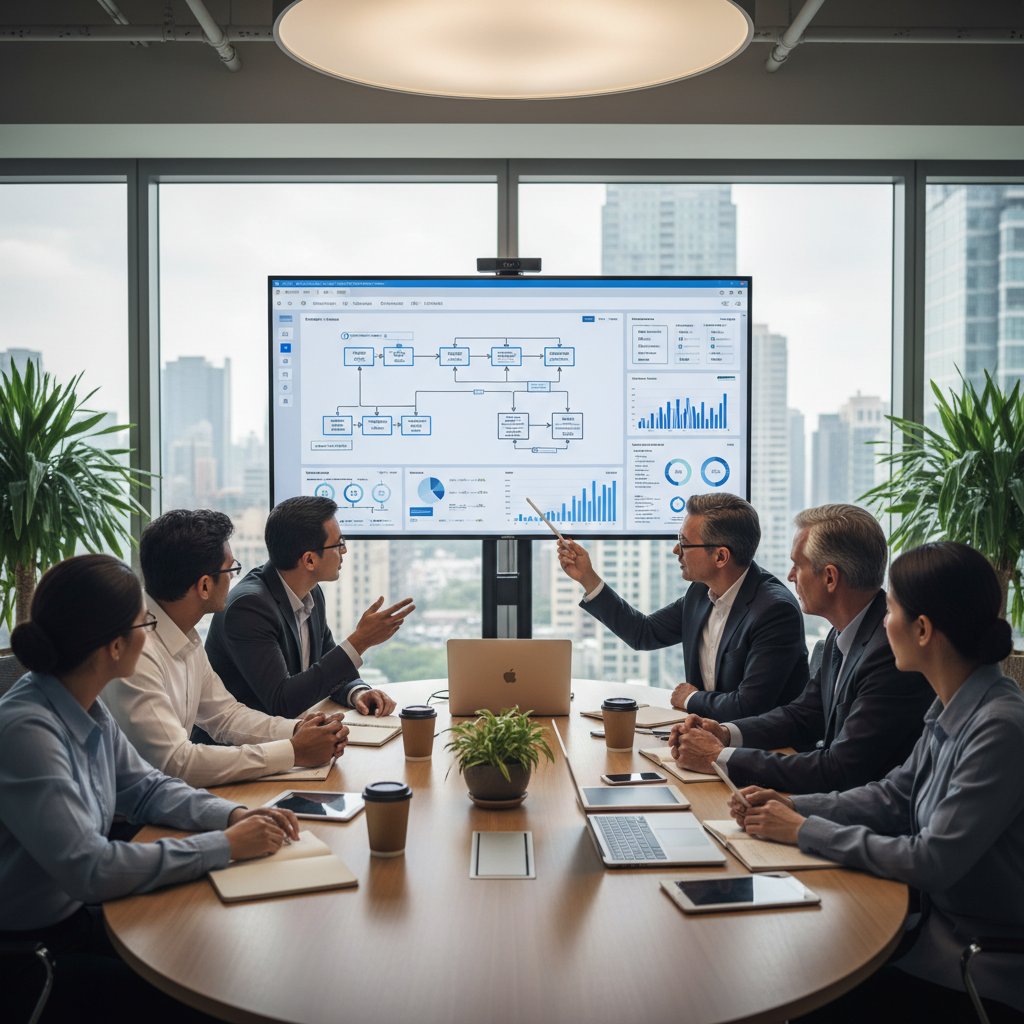 A group of diverse business professionals (male and female, various ethnicities) engaged in a serious discussion around a conference table, looking at a large screen displaying an ERP system interface with flowcharts and data, collaborative atmosphere, photorealistic, well-lit office