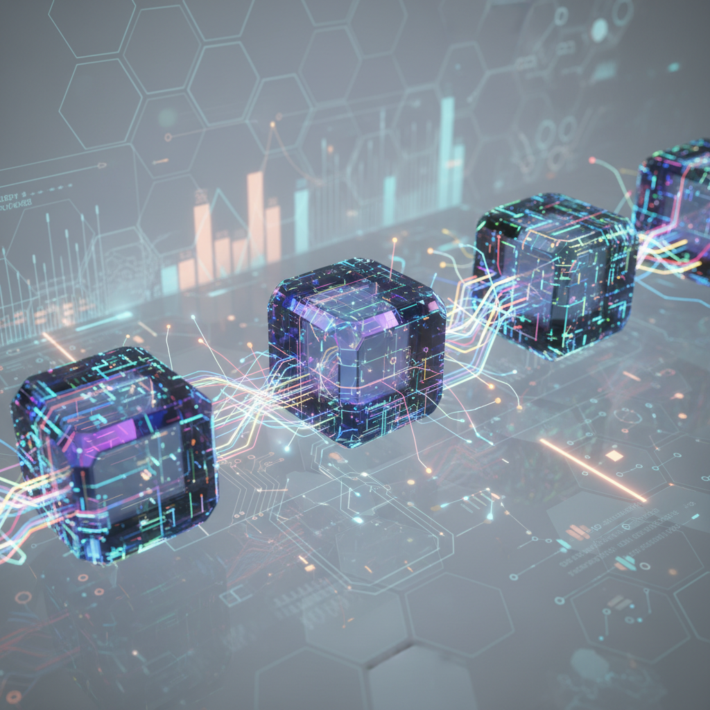 A vibrant, futuristic illustration of interconnected digital blocks forming a chain, with glowing lines representing data flow, against a subtle background of abstract business graphics. Photorealistic, high-detail.