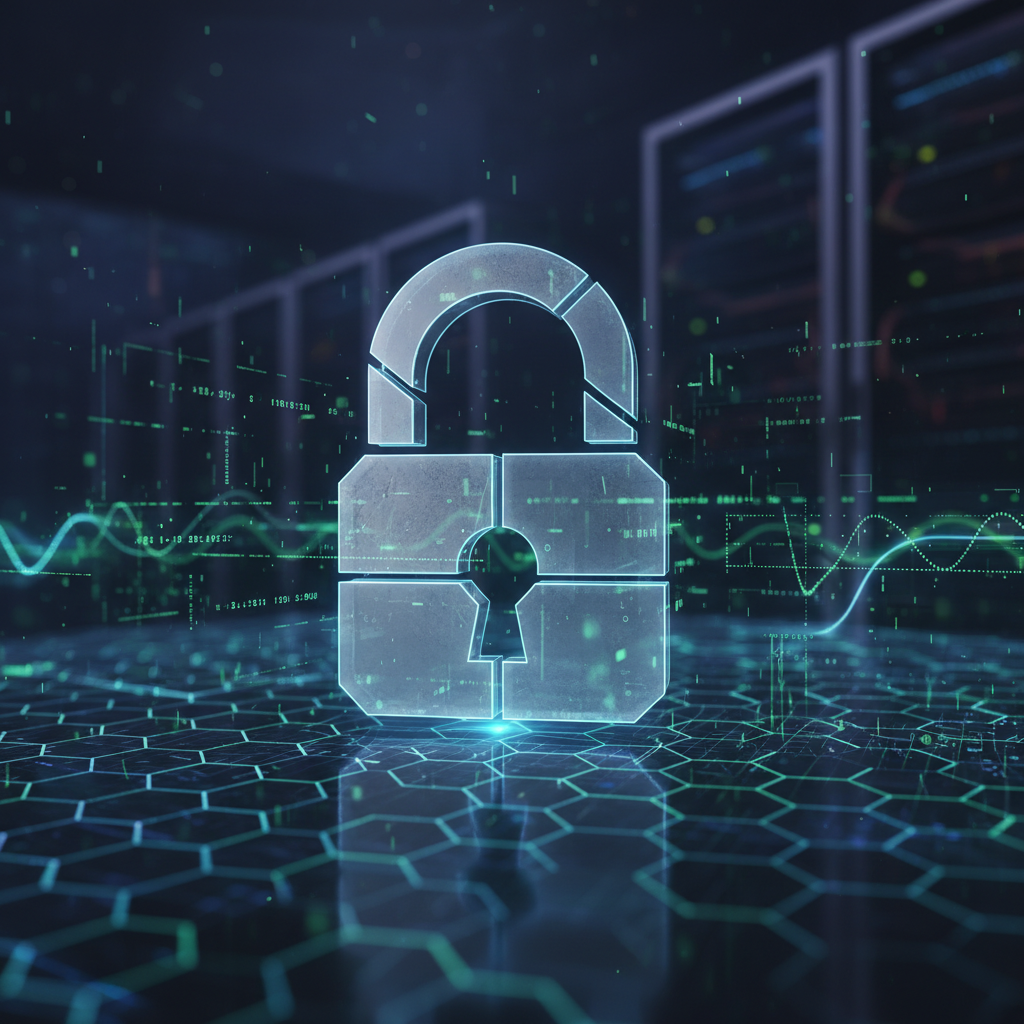A close-up, photorealistic shot of a secure digital padlock icon overlaid on a blockchain ledger interface, with abstract data flowing in the background, symbolizing robust security. Dark, professional tone.