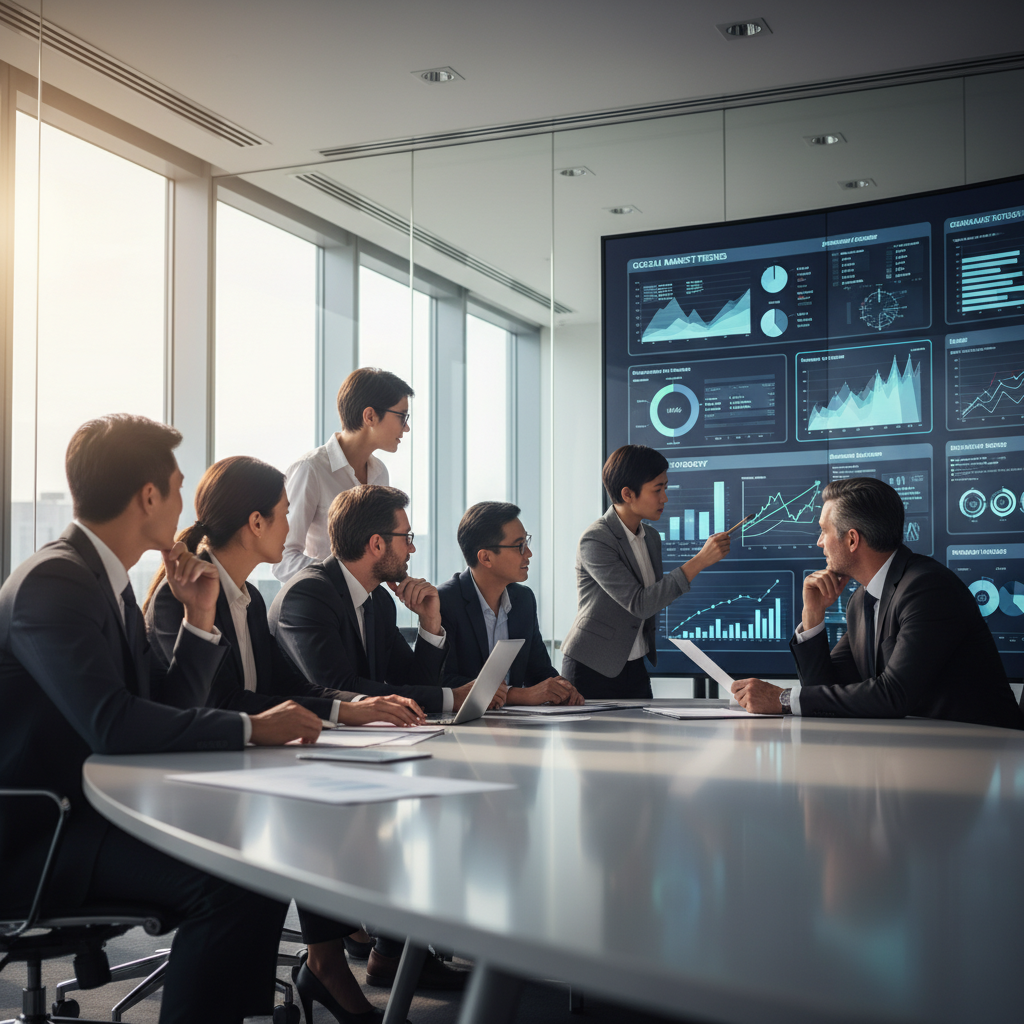 A diverse group of executives in a modern, sunlit boardroom, looking at a large screen displaying intricate business intelligence dashboards and predictive analytics charts, engaged in a strategic discussion, with an air of confidence and innovation, photorealistic, shallow depth of field.