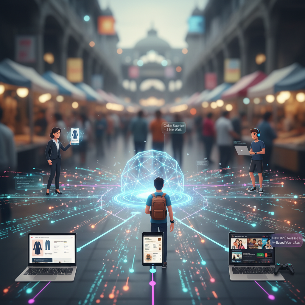 A digital representation of a customer journey with various data points flowing into a central hub, showing personalized recommendations appearing on different devices (smartphone, laptop, smartwatch) for different user personas, set against a blurred background of a busy marketplace, photorealistic, vibrant colors.