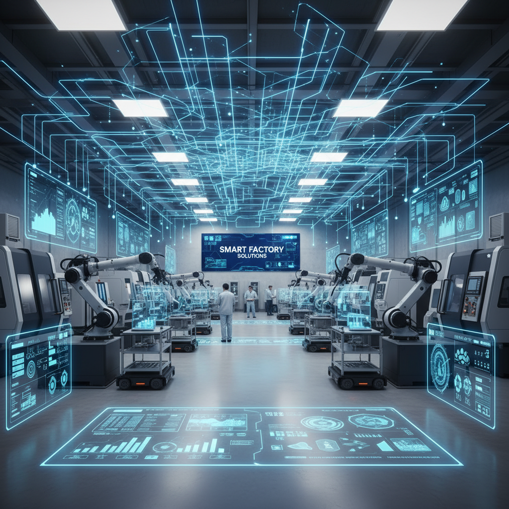 A wide-angle, photorealistic shot of a modern, clean factory floor with various automated machines and robots, glowing blue data lines connecting them, showcasing smart manufacturing. Bright, clean lighting.