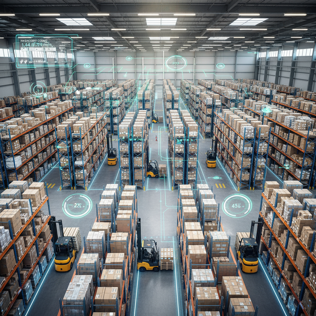 A photorealistic overhead shot of a vast, modern logistics warehouse with autonomous forklifts moving pallets and inventory. Data overlays show routes and real-time tracking information. Clean, industrial aesthetic.