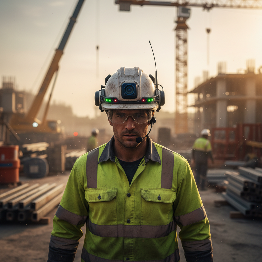 A close-up, photorealistic shot of a worker in a high-visibility vest wearing a smart helmet with integrated sensors, walking through a construction site. The helmet has small, subtle LED indicators. Focus on safety and technology integration.