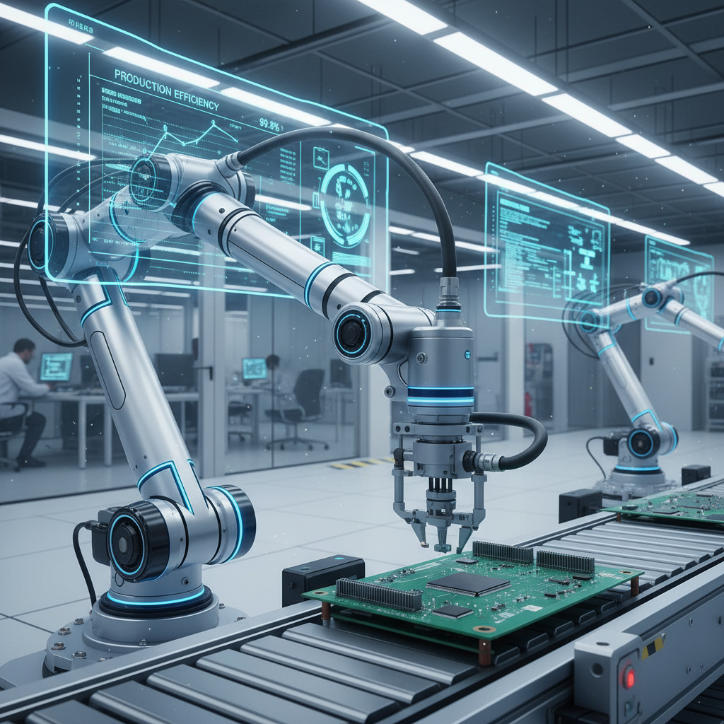 A photorealistic image of a sleek, modern robotic arm precisely assembling electronic components on an assembly line in a clean, high-tech factory. Digital screens in the background display real-time production data and AI algorithms.