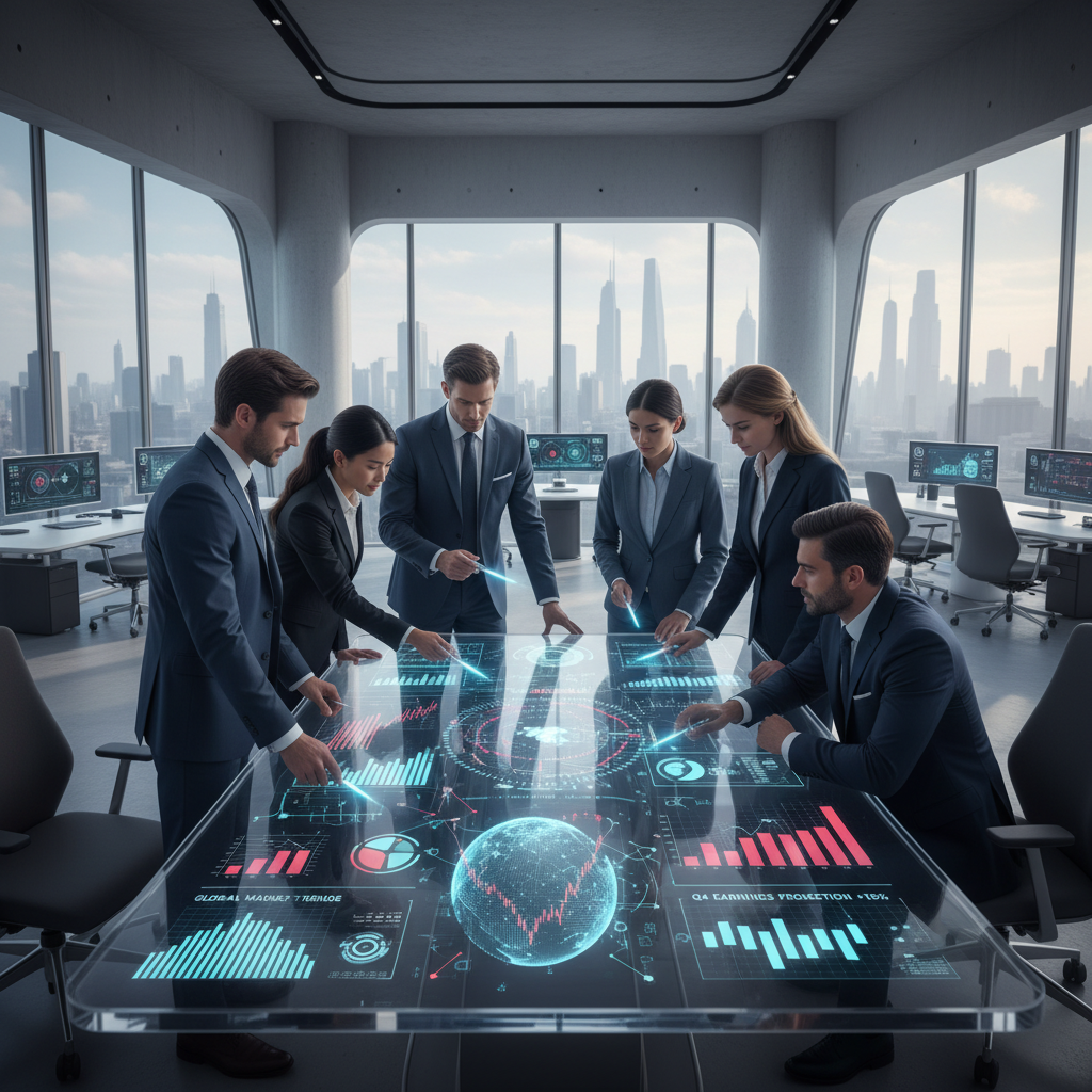A group of diverse business professionals in a modern office looking intently at a large, interactive holographic display showing complex financial data visualizations, charts, and AI-generated predictive models. The scene is brightly lit and futuristic.