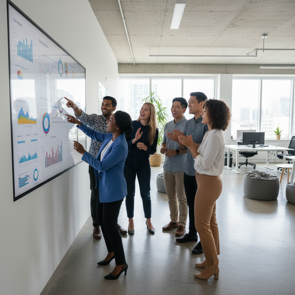 A cheerful, diverse group of office workers collaborating around a large interactive digital screen in a modern, open-plan office, showcasing teamwork and engagement, photorealistic