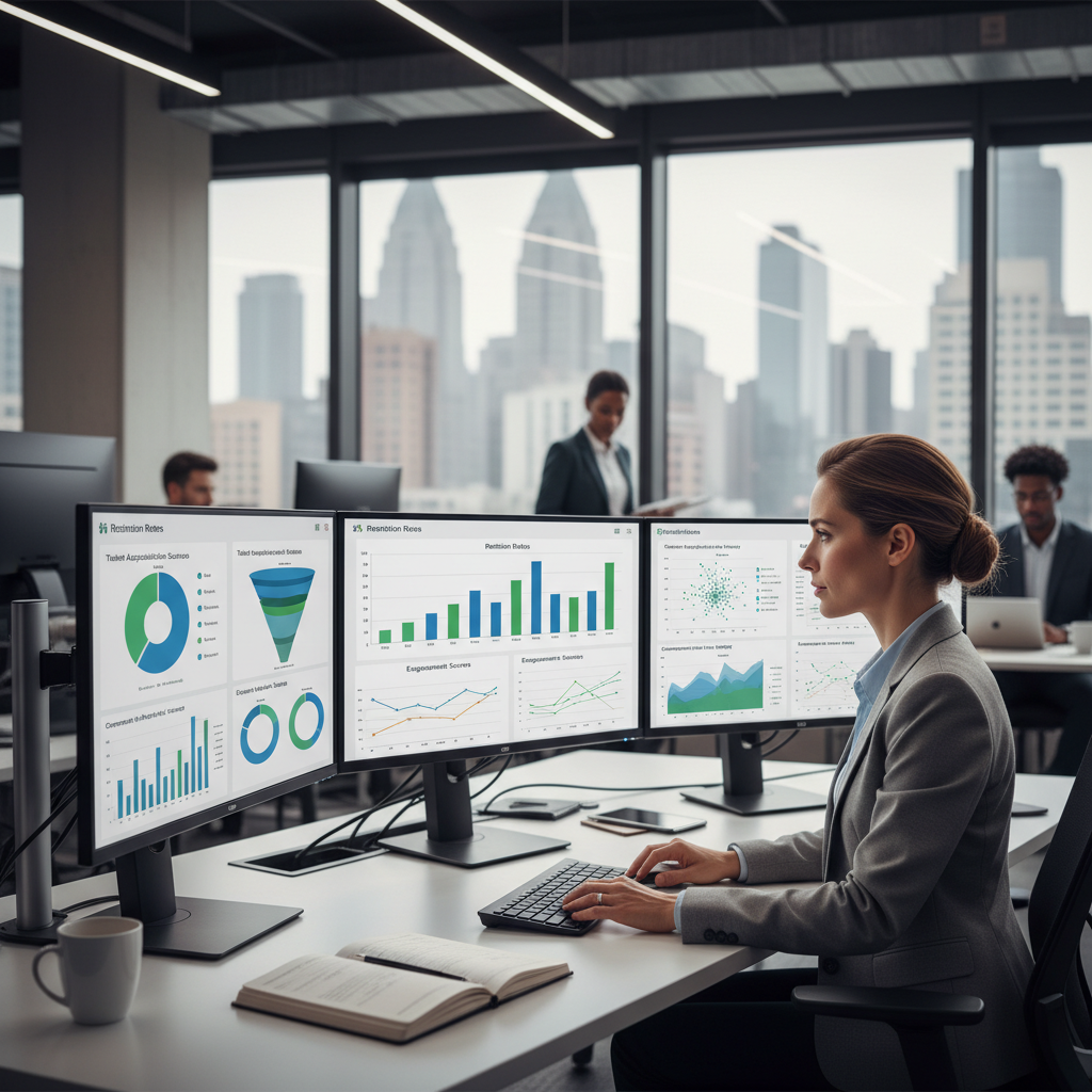 A professional HR analyst looking at a dashboard filled with charts and graphs showing HR metrics like retention rates, engagement scores, and talent acquisition data on multiple computer screens in a modern office, photorealistic
