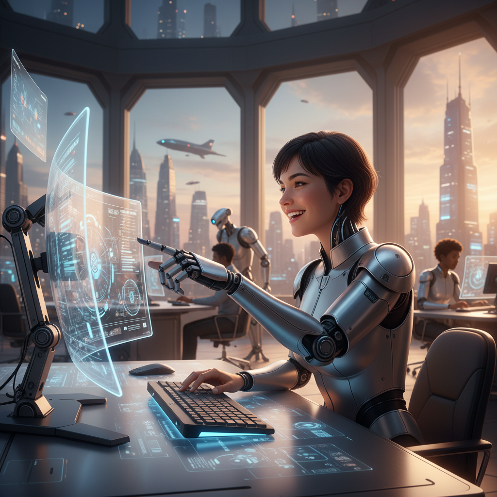 A futuristic office environment with a robot arm assisting a human worker at a computer, both smiling, showing seamless collaboration, photorealistic, cinematic lighting