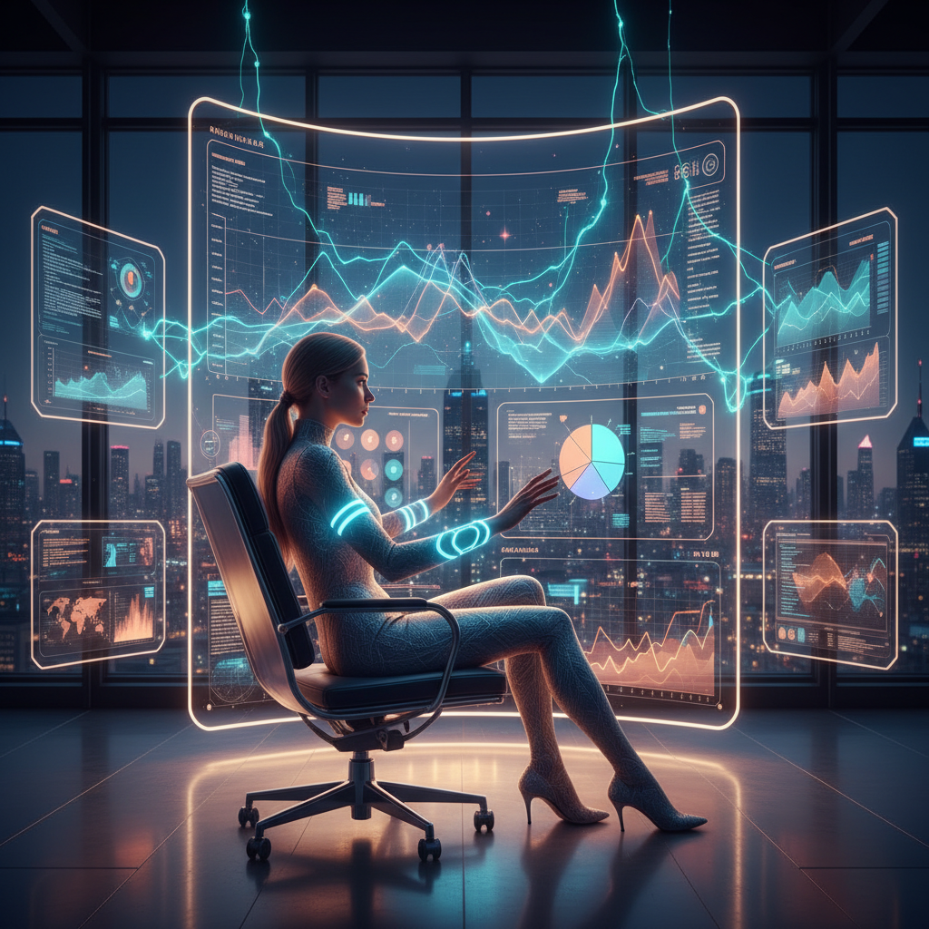 A futuristic data analyst working in front of multiple screens displaying complex graphs and charts, with glowing AI neural network lines overlaid, focus on data visualization and insights, vibrant colors, photorealistic