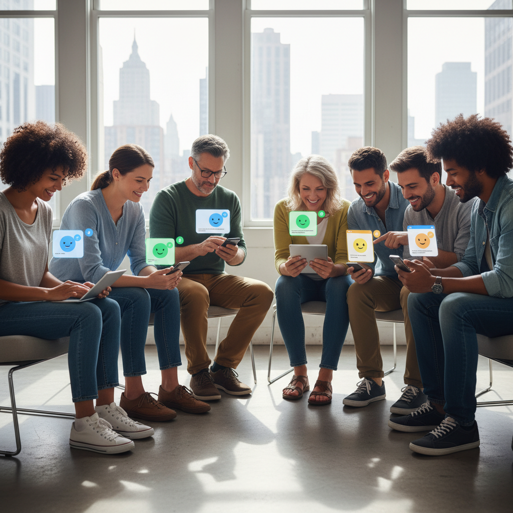 A diverse group of people interacting with AI-powered chatbots on their smartphones and tablets, seamless and friendly user interface, brightly lit modern setting, photorealistic, natural expressions