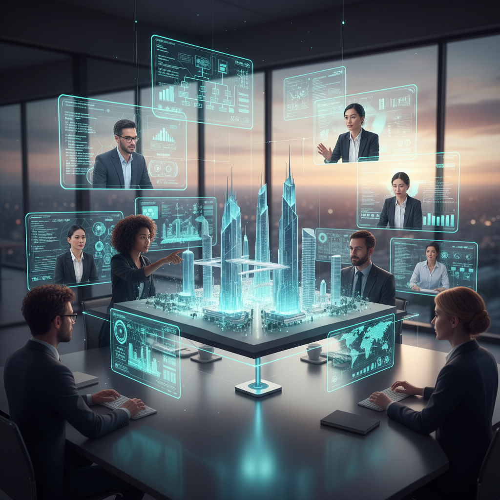 A vibrant, high-angle shot of a diverse group of professionals collaborating virtually on a complex project, seen through a futuristic digital interface with multiple holographic screens and data visualizations. Photorealistic, soft ambient light.