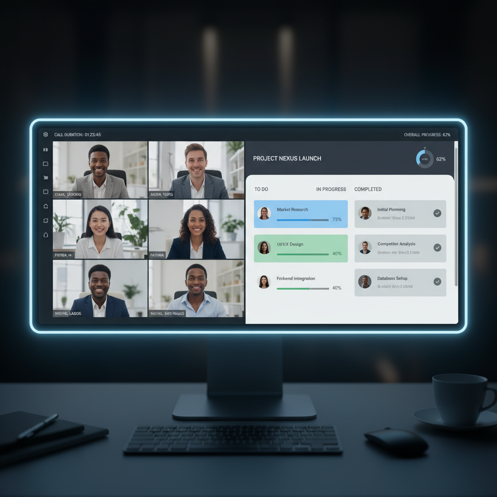A split screen showing different digital collaboration tools in use: one side features a crisp video conference call with diverse participants from different global locations, the other side displays a detailed project management dashboard with colorful task cards and progress bars. Photorealistic, modern UI.