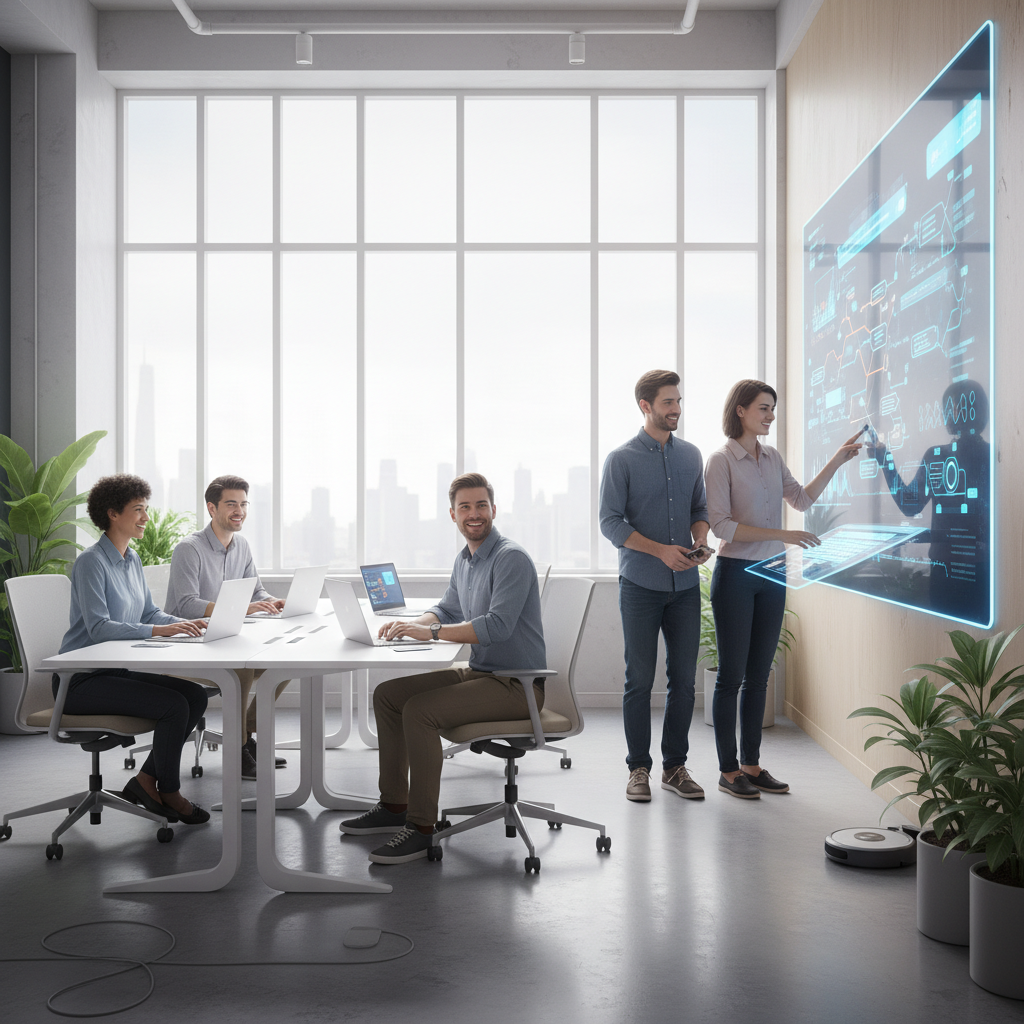 A bright, modern, minimalist office setting with a diverse team of people smiling and working together on laptops and a large interactive screen, demonstrating seamless digital integration in a collaborative workspace. The scene is bathed in soft, natural light, reflecting productivity and harmony. Photorealistic.